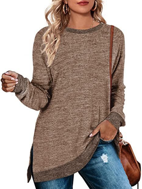 Women’s Multicolor Split Top Round Neck Cotton Blend Long Sleeve Loose Fit - Merch Gone Viral