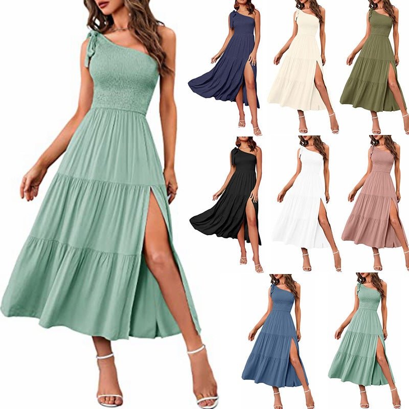 Women’s One Shoulder Pleated Maxi Dress With Layered Hem For Party - Merch Gone Viral