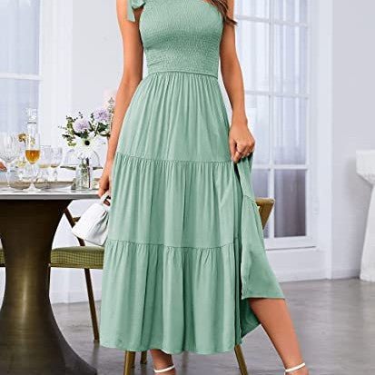 Women’s One Shoulder Pleated Maxi Dress With Layered Hem For Party - Merch Gone Viral