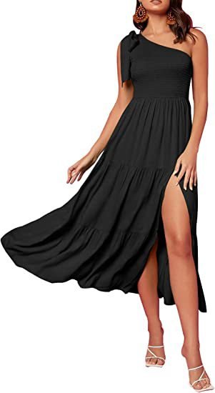 Women’s One Shoulder Pleated Maxi Dress With Layered Hem For Party - Merch Gone Viral