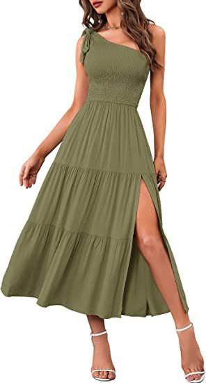 Women’s One Shoulder Pleated Maxi Dress With Layered Hem For Party - Merch Gone Viral