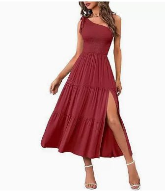 Women’s One Shoulder Pleated Maxi Dress With Layered Hem For Party - Merch Gone Viral