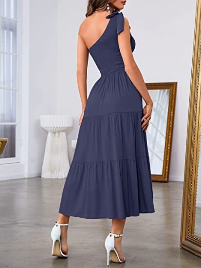 Women’s One Shoulder Pleated Maxi Dress With Layered Hem For Party - Merch Gone Viral
