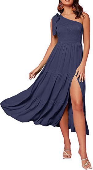 Women’s One Shoulder Pleated Maxi Dress With Layered Hem For Party - Merch Gone Viral