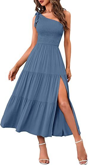 Women’s One Shoulder Pleated Maxi Dress With Layered Hem For Party - Merch Gone Viral