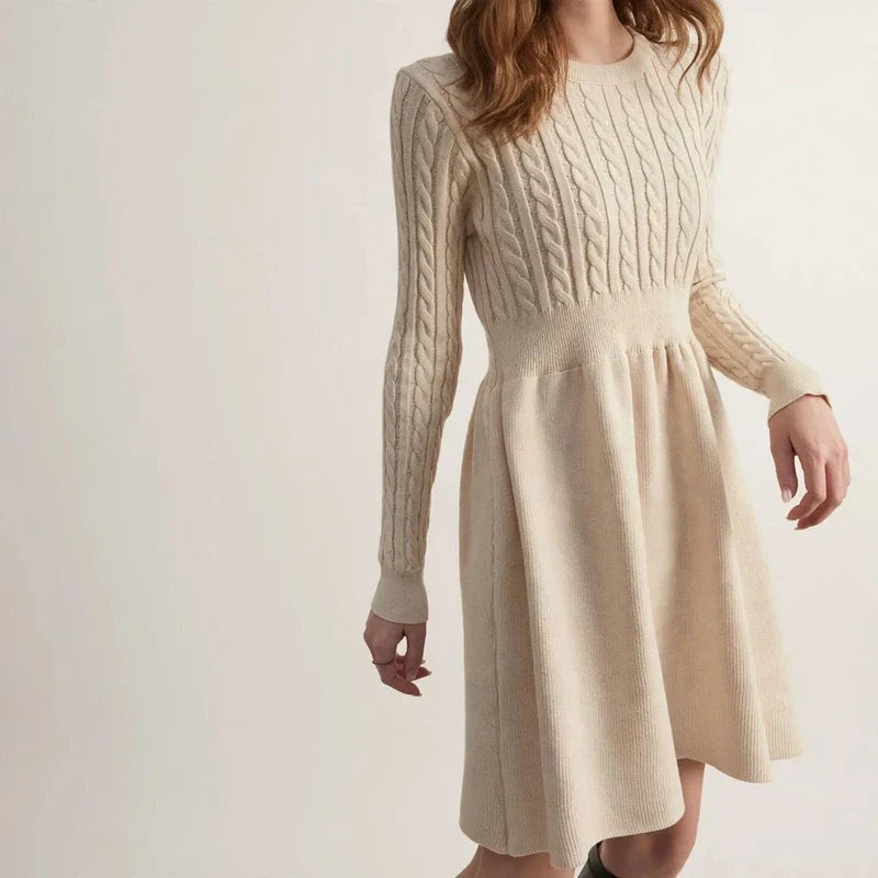Cable-knit fit-and-flare sweater dress with crew neckline