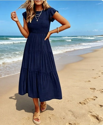 Women's Ruched Bodice With Flutter Sleeves Dress - Merch Gone Viral