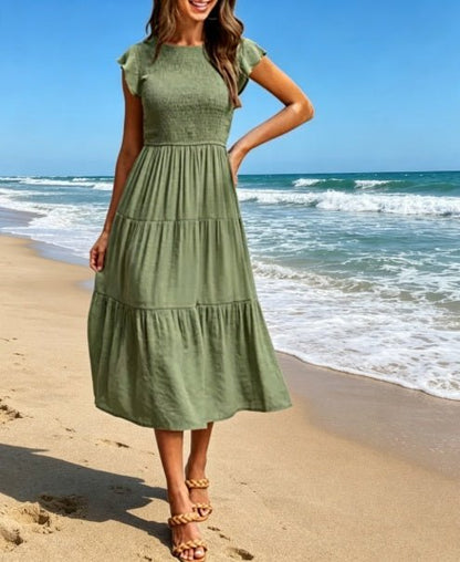 Women's Ruched Bodice With Flutter Sleeves Dress - Merch Gone Viral