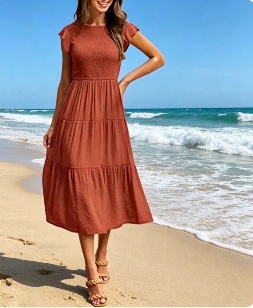 Women's Ruched Bodice With Flutter Sleeves Dress - Merch Gone Viral