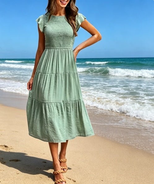 Women's Ruched Bodice With Flutter Sleeves Dress - Merch Gone Viral