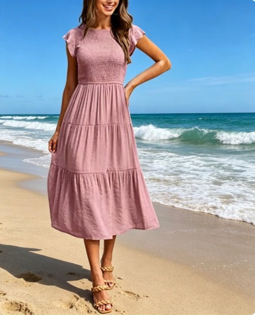 Women's Ruched Bodice With Flutter Sleeves Dress - Merch Gone Viral
