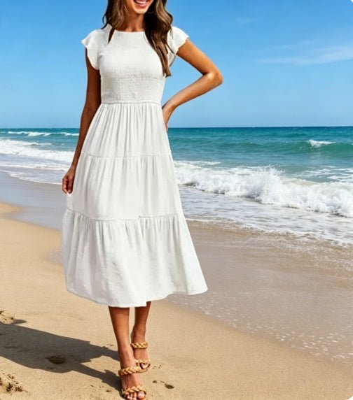 Women's Ruched Bodice With Flutter Sleeves Dress - Merch Gone Viral