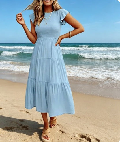 Women's Ruched Bodice With Flutter Sleeves Dress - Merch Gone Viral