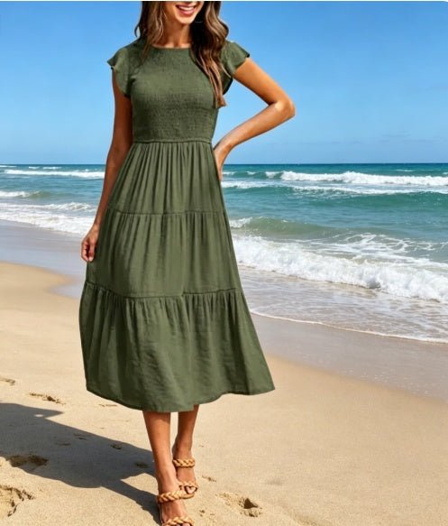 Women's Ruched Bodice With Flutter Sleeves Dress - Merch Gone Viral