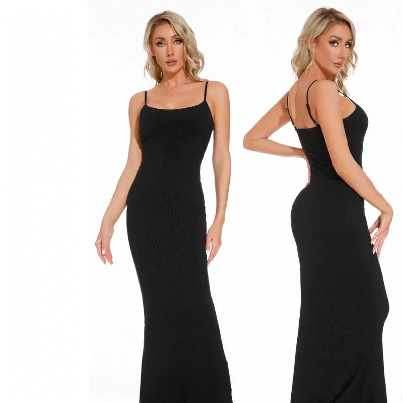 Blonde woman wearing a long black spaghetti-strap dress, shown from front and side views.