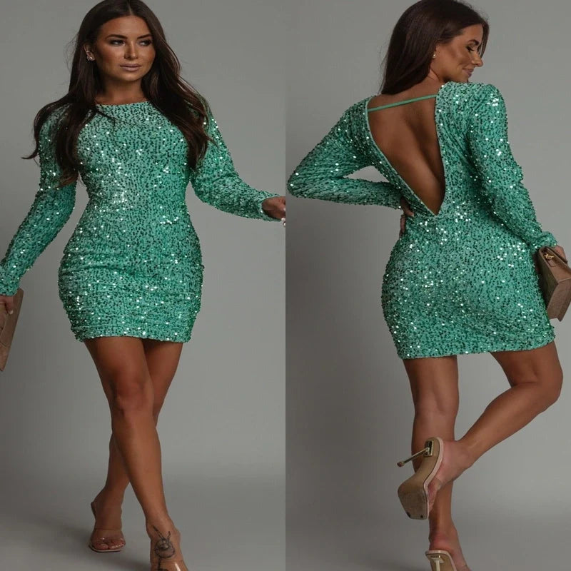 Model wearing a green sequin long-sleeve mini dress shown from front and back views.