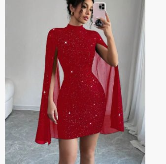 Women's Sexy Elegant Evening Party Dresses Round Neck Pit Stripe Pearl Chiffon Cape Sleeve Wrapped Hip Dress - merch gone viral.