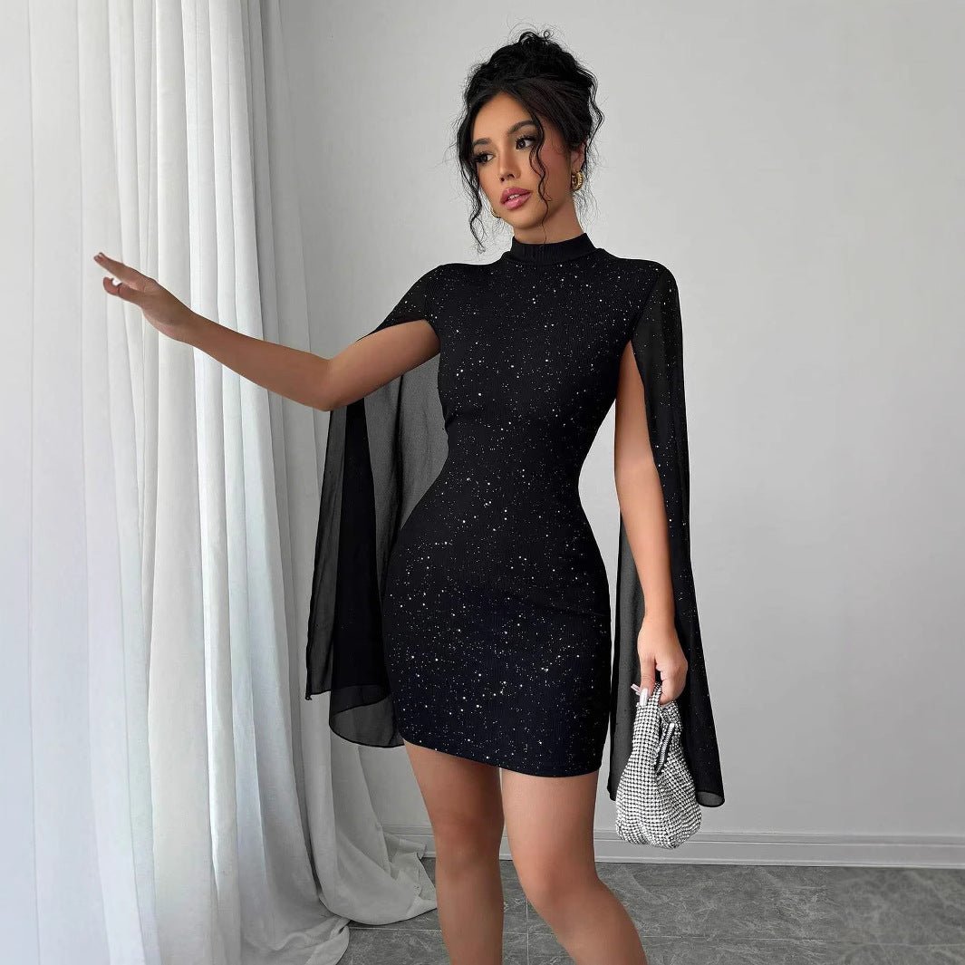 Women's Sexy Elegant Evening Party Dresses Round Neck Pit Stripe Pearl Chiffon Cape Sleeve Wrapped Hip Dress - merch gone viral.