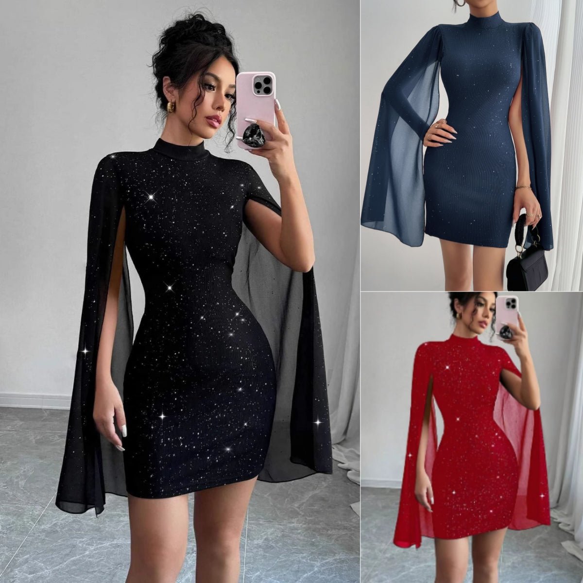 Women's Sexy Elegant Evening Party Dresses Round Neck Pit Stripe Pearl Chiffon Cape Sleeve Wrapped Hip Dress - merch gone viral.