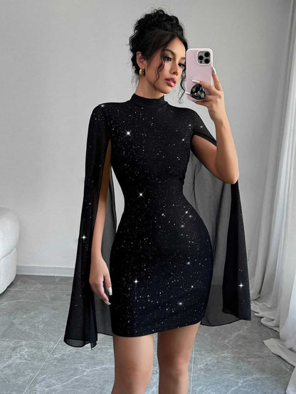 Women's Sexy Elegant Evening Party Dresses Round Neck Pit Stripe Pearl Chiffon Cape Sleeve Wrapped Hip Dress - merch gone viral.