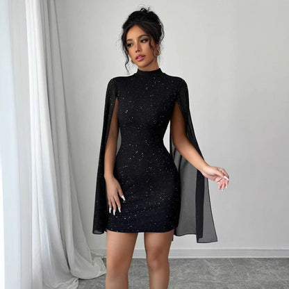 Women's Sexy Elegant Evening Party Dresses Round Neck Pit Stripe Pearl Chiffon Cape Sleeve Wrapped Hip Dress - merch gone viral.