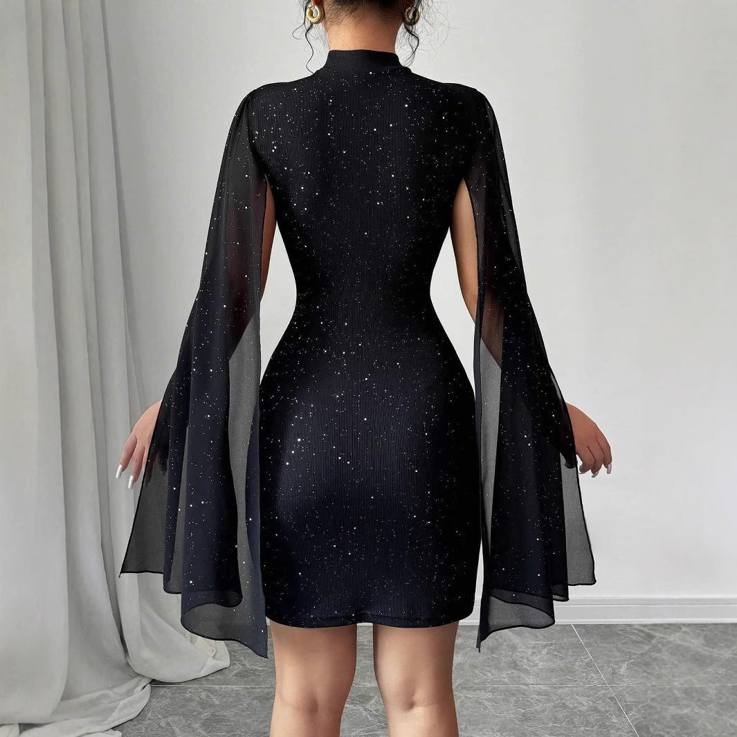 Women's Sexy Elegant Evening Party Dresses Round Neck Pit Stripe Pearl Chiffon Cape Sleeve Wrapped Hip Dress - merch gone viral.