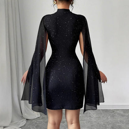 Women's Sexy Elegant Evening Party Dresses Round Neck Pit Stripe Pearl Chiffon Cape Sleeve Wrapped Hip Dress - merch gone viral.