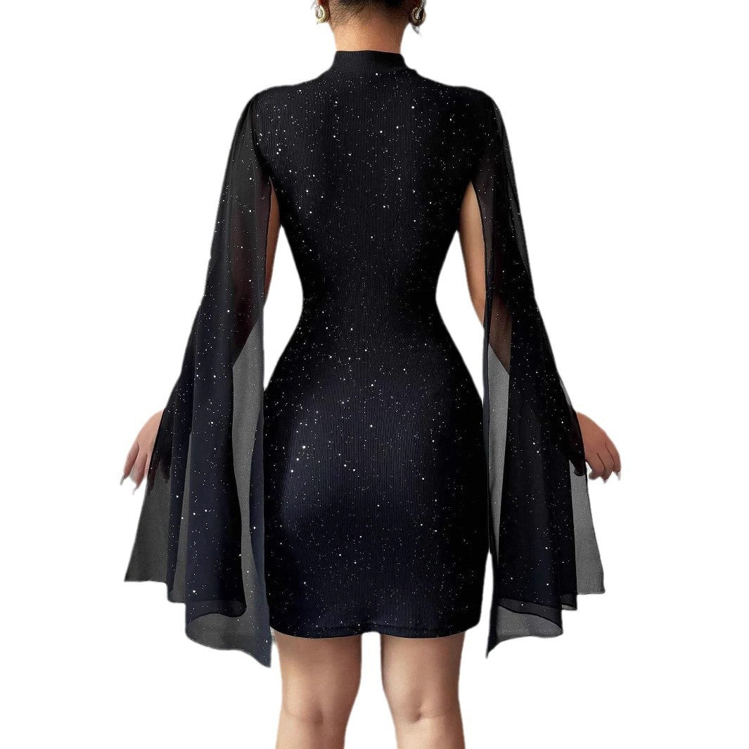 Women's Sexy Elegant Evening Party Dresses Round Neck Pit Stripe Pearl Chiffon Cape Sleeve Wrapped Hip Dress - merch gone viral.