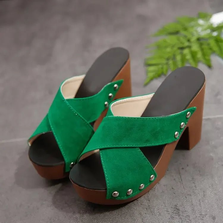 Women’s Square Platform Sandals With Flock Upper Rivet Peep Toe PU Insole - Merch Gone Viral