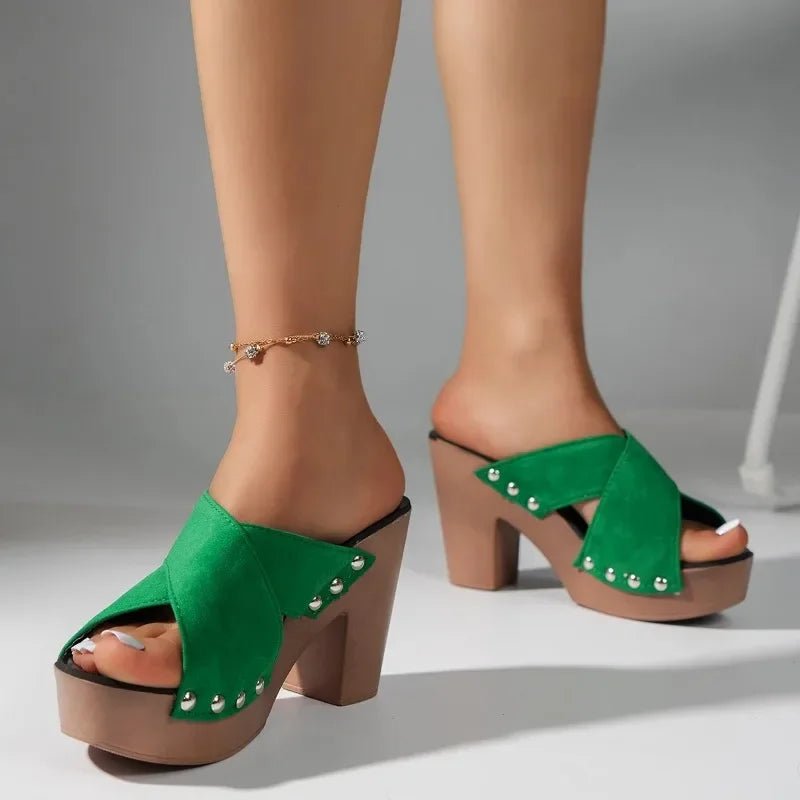 Women’s Square Platform Sandals With Flock Upper Rivet Peep Toe PU Insole - Merch Gone Viral