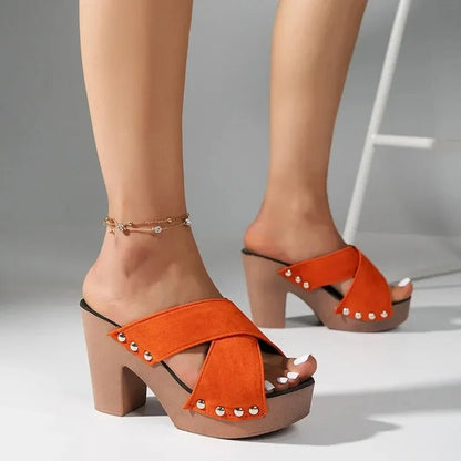 Women’s Square Platform Sandals With Flock Upper Rivet Peep Toe PU Insole - Merch Gone Viral