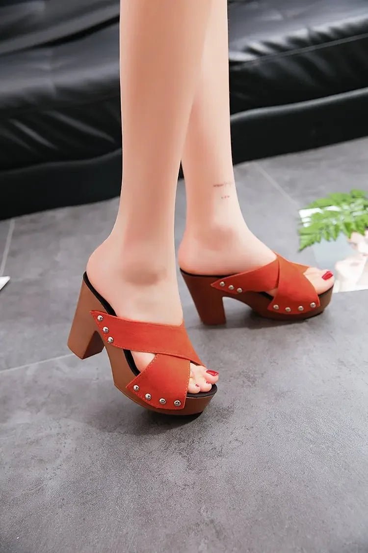 Women’s Square Platform Sandals With Flock Upper Rivet Peep Toe PU Insole - Merch Gone Viral