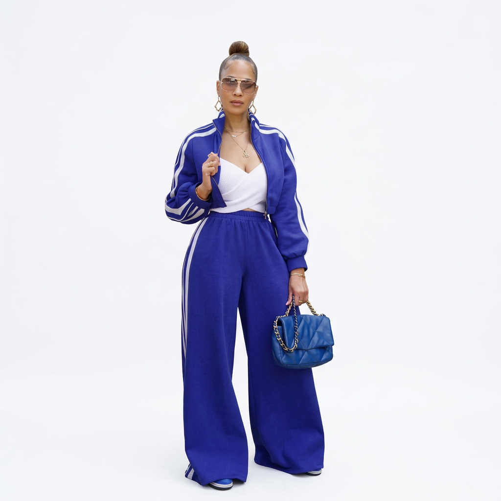 Woman wearing a blue zip-up jacket and wide-leg trousers loungewear set with white side stripes.