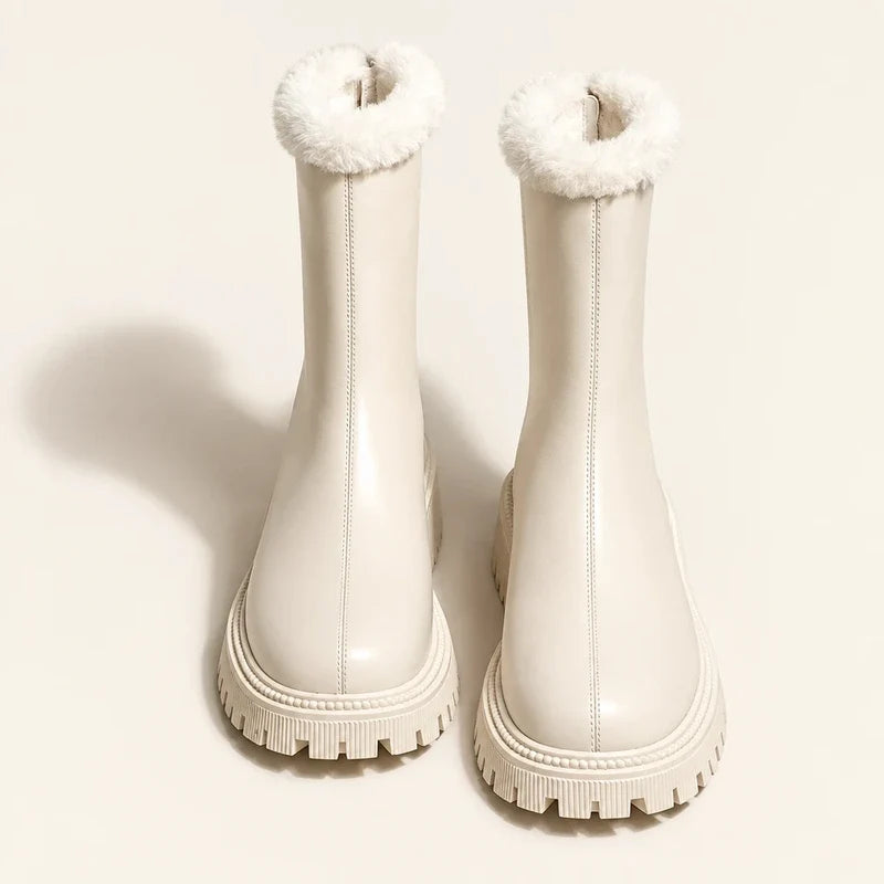 Cream ankle boots with faux fur trim and chunky lug soles