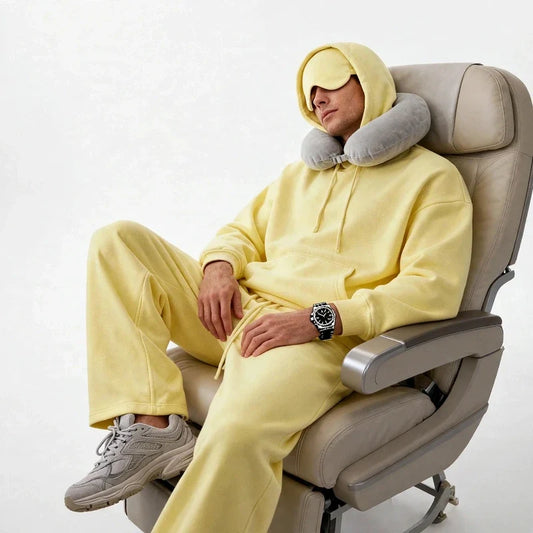 Man wearing a light yellow sweatsuit, matching sleep mask over eyes, and grey neck pillow while seated.