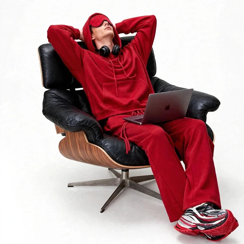 Man in red sweatsuit and hood with integrated sleep mask relaxing in black leather lounge chair.