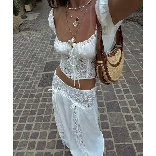 Front-tie lace crop top, close-up of lace detail