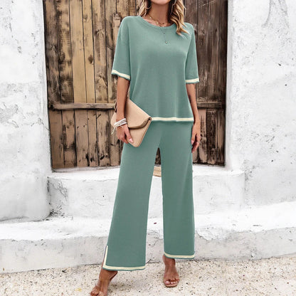 Women's two-piece knit lounge set with a short-sleeve top and wide-leg pants