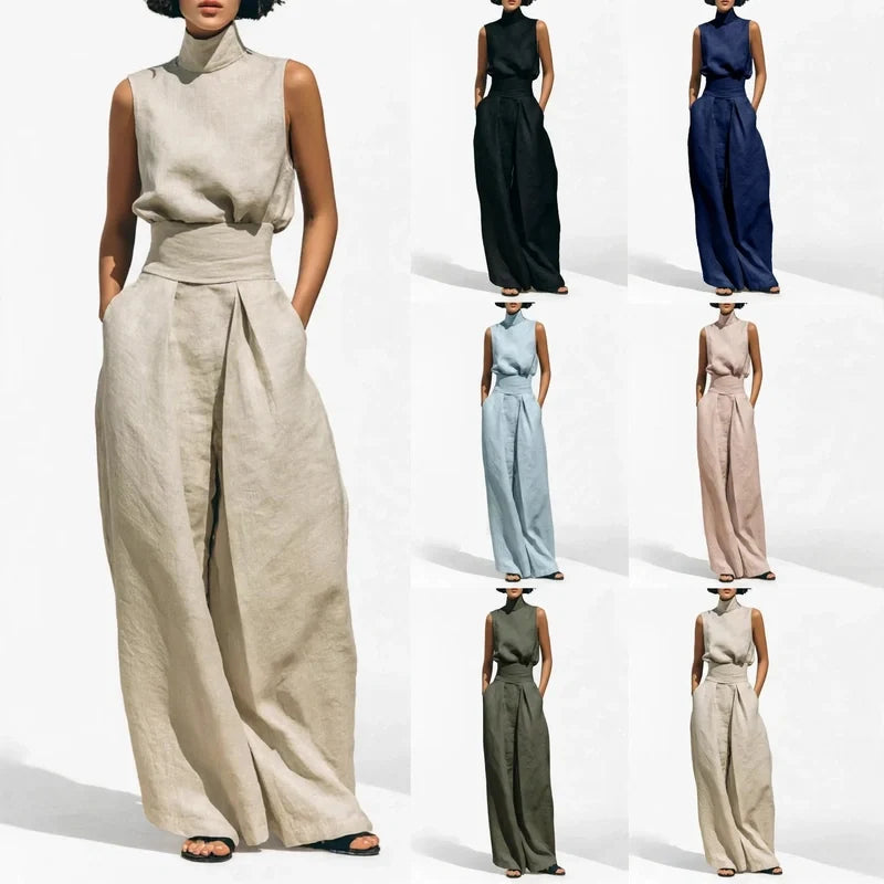 Beige sleeveless mock-neck top and wide-leg pant set with six color variants shown in smaller panels.