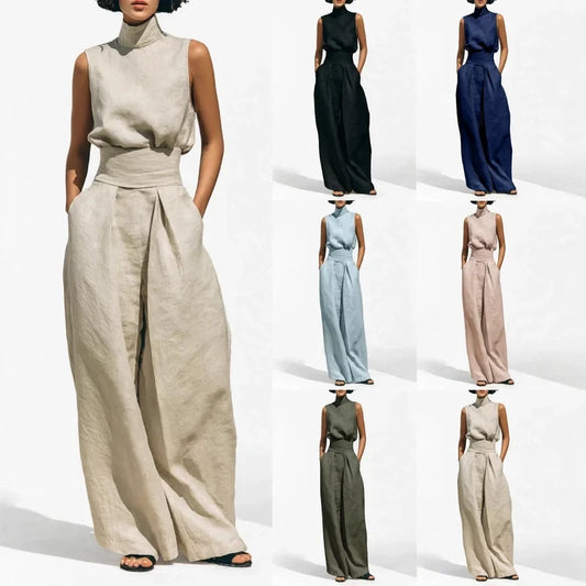 Beige sleeveless mock-neck top and wide-leg pant set with six color variants shown in smaller panels.