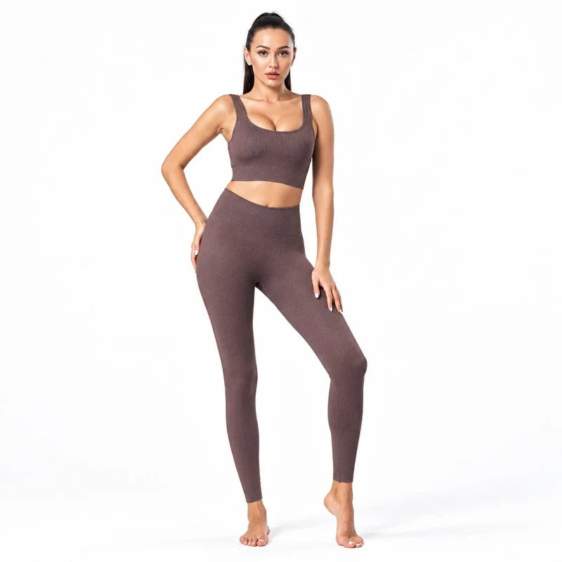 Woman wearing a brown ribbed sports bra and matching high-waisted leggings set.