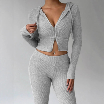 Grey ribbed knit zip-up crop hoodie and matching fitted pants set