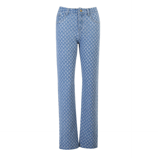 Blue wide-leg jeans with allover distressed daisy print and front button closure