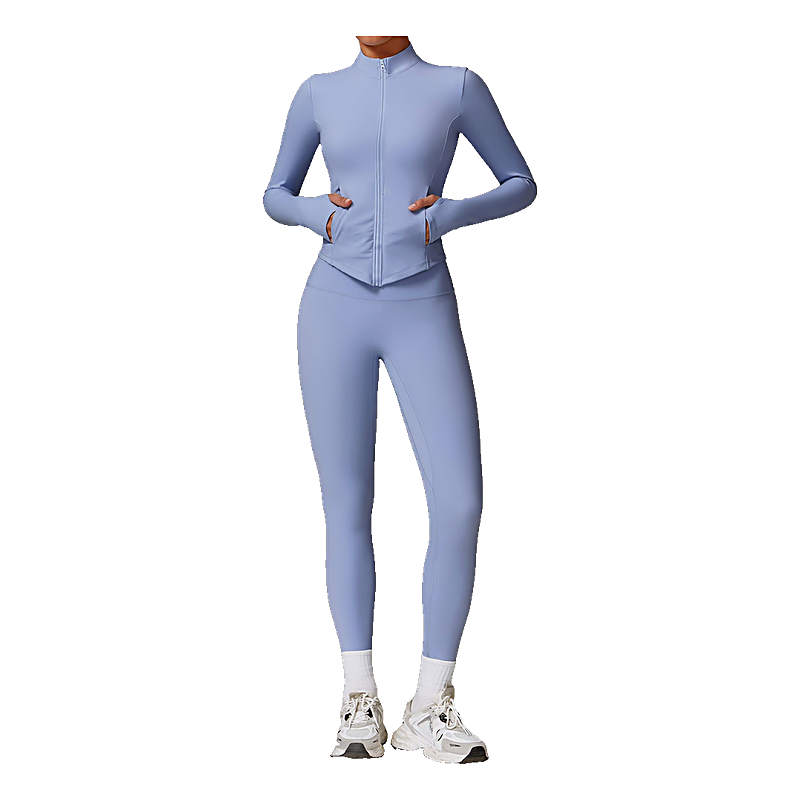 Light blue activewear set with full-zip jacket and high-waisted leggings, front view